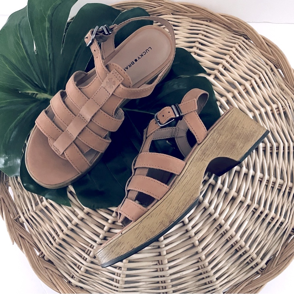 Lucky Brand Jemimmy Latte Tan Leather Gladiator Platform Sandals Size 612